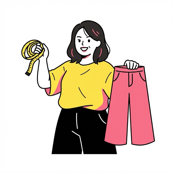 メジャーとパンツを持って笑う女性のイラスト